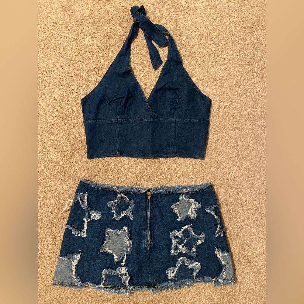 SHEIN Dark Blue Denim Halter Crop Top and Distressed Mini Skirt Set